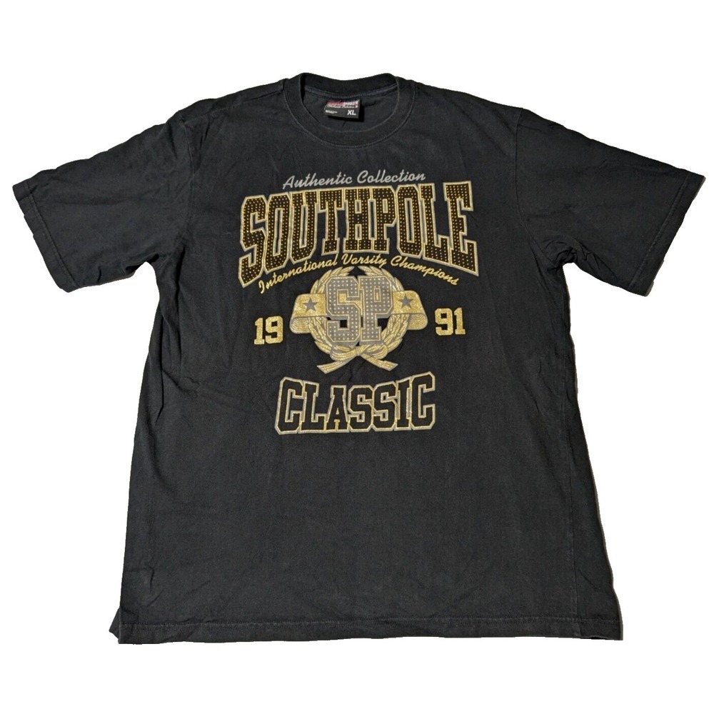 VTG SOUTHPOLE International Varsity Champions Black Embellished T-Shirt - Men XL